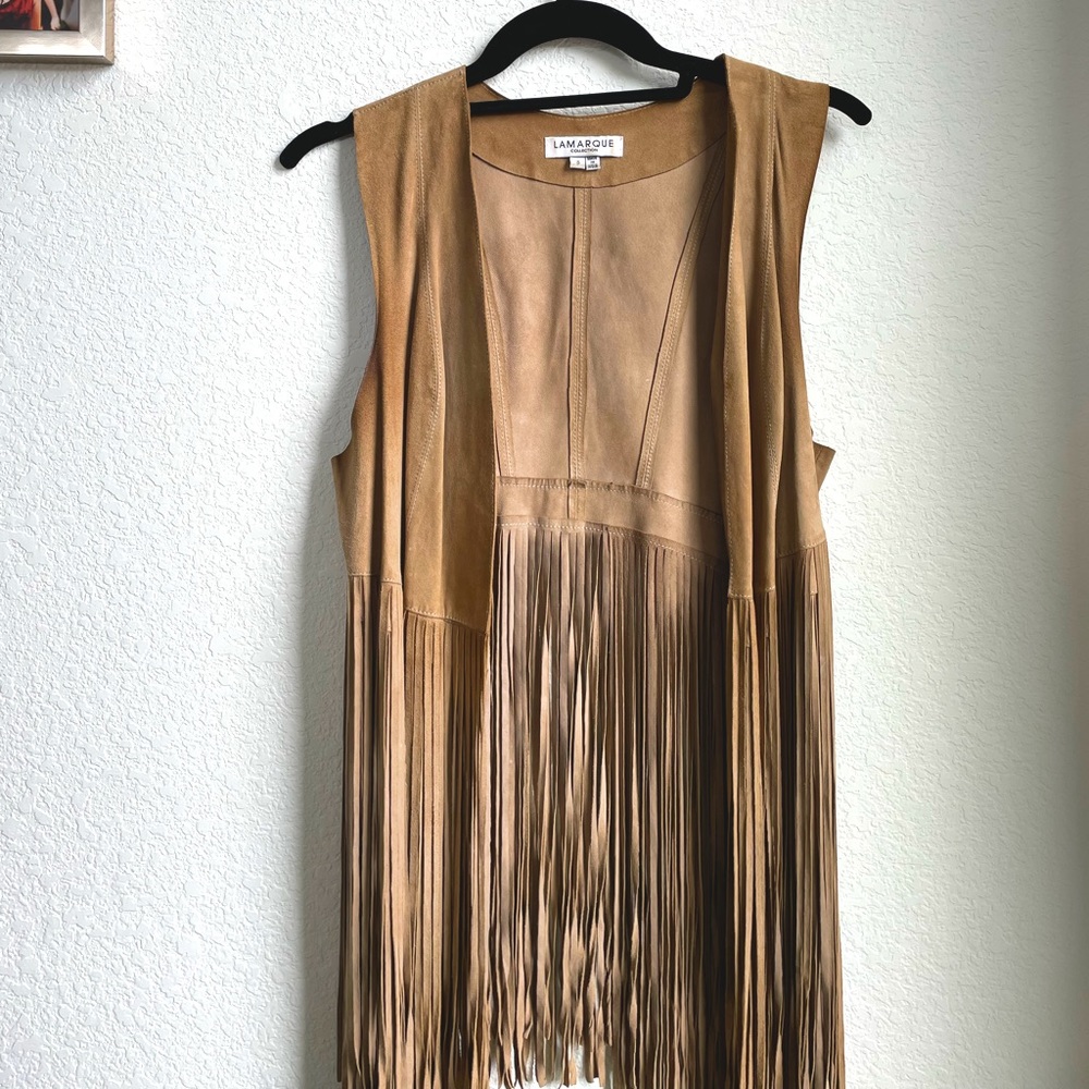 LAMARQUE Suede Leather Vest with Fringe Detailing